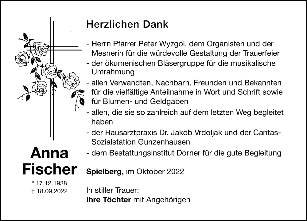 Traueranzeige für Anna Fischer vom 08.10.2022 aus Altmühl-Bote Lokal