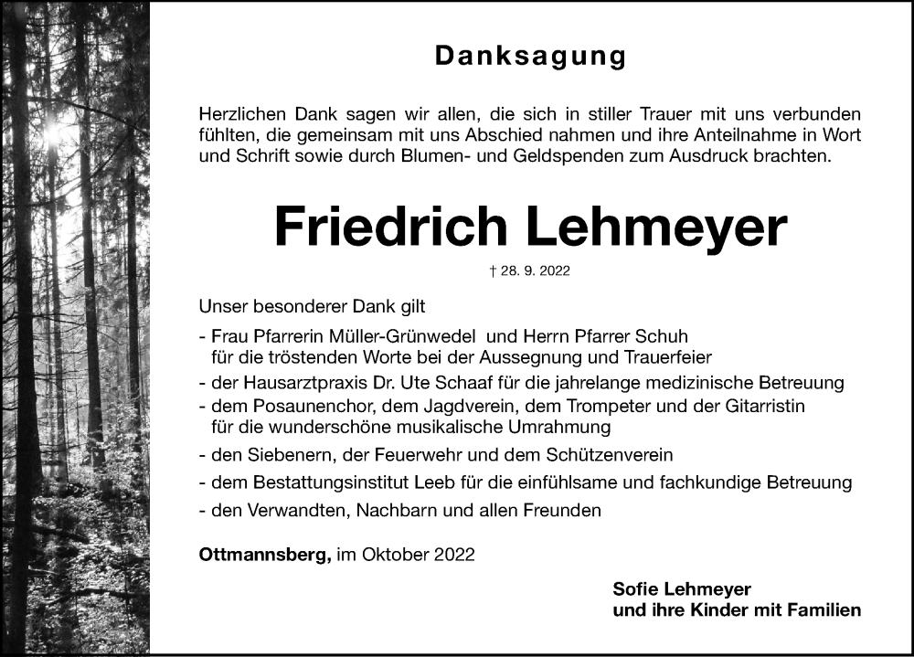  Traueranzeige für Friedrich Lehmeyer vom 19.10.2022 aus Altmühl-Bote Lokal