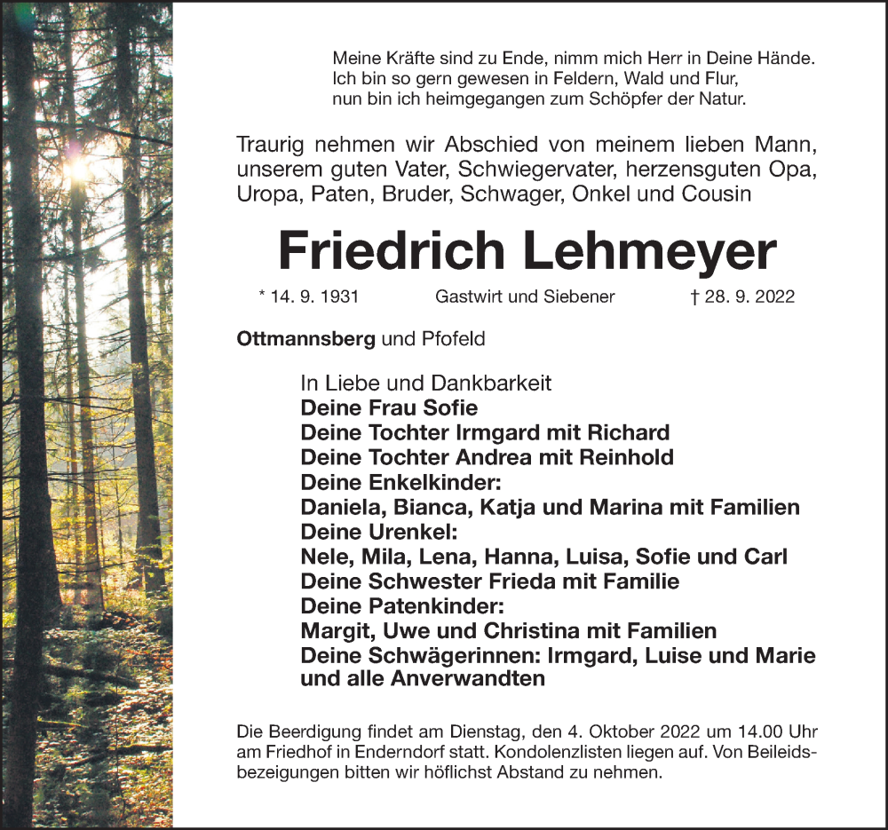  Traueranzeige für Friedrich Lehmeyer vom 01.10.2022 aus Altmühl-Bote Lokal/ Roth-Hilpoltsteiner Volkszeitung