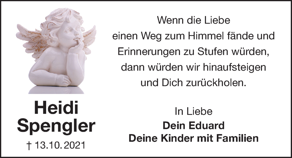  Traueranzeige für Heidi Spengler vom 13.10.2022 aus Weißenburger Tagblatt u.Treuchtlinger Kurier Lokal