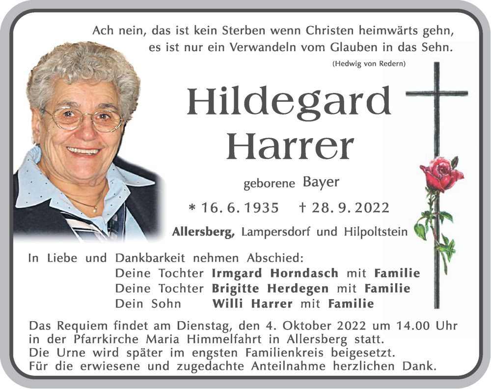  Traueranzeige für Hildegard Harrer vom 01.10.2022 aus Roth-Hilpoltsteiner Volkszeitung Lokal