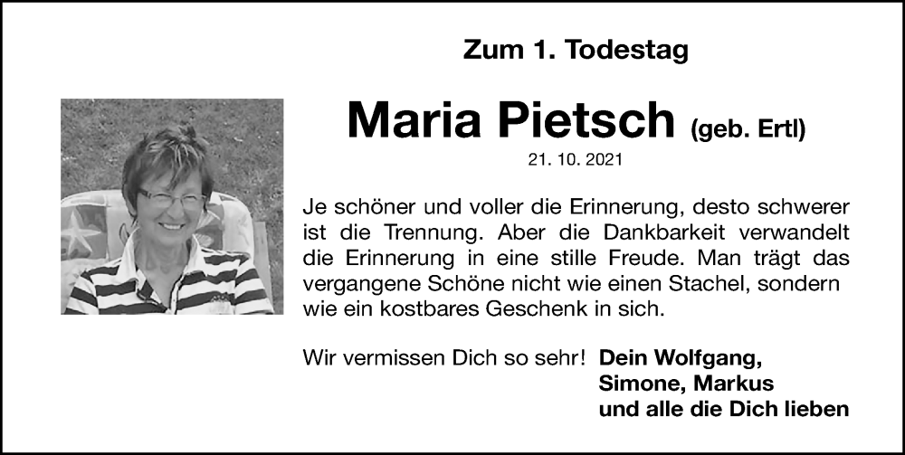  Traueranzeige für Maria Pietsch vom 21.10.2022 aus Gesamtausgabe Nürnberger Nachrichten/ Nürnberger Ztg.