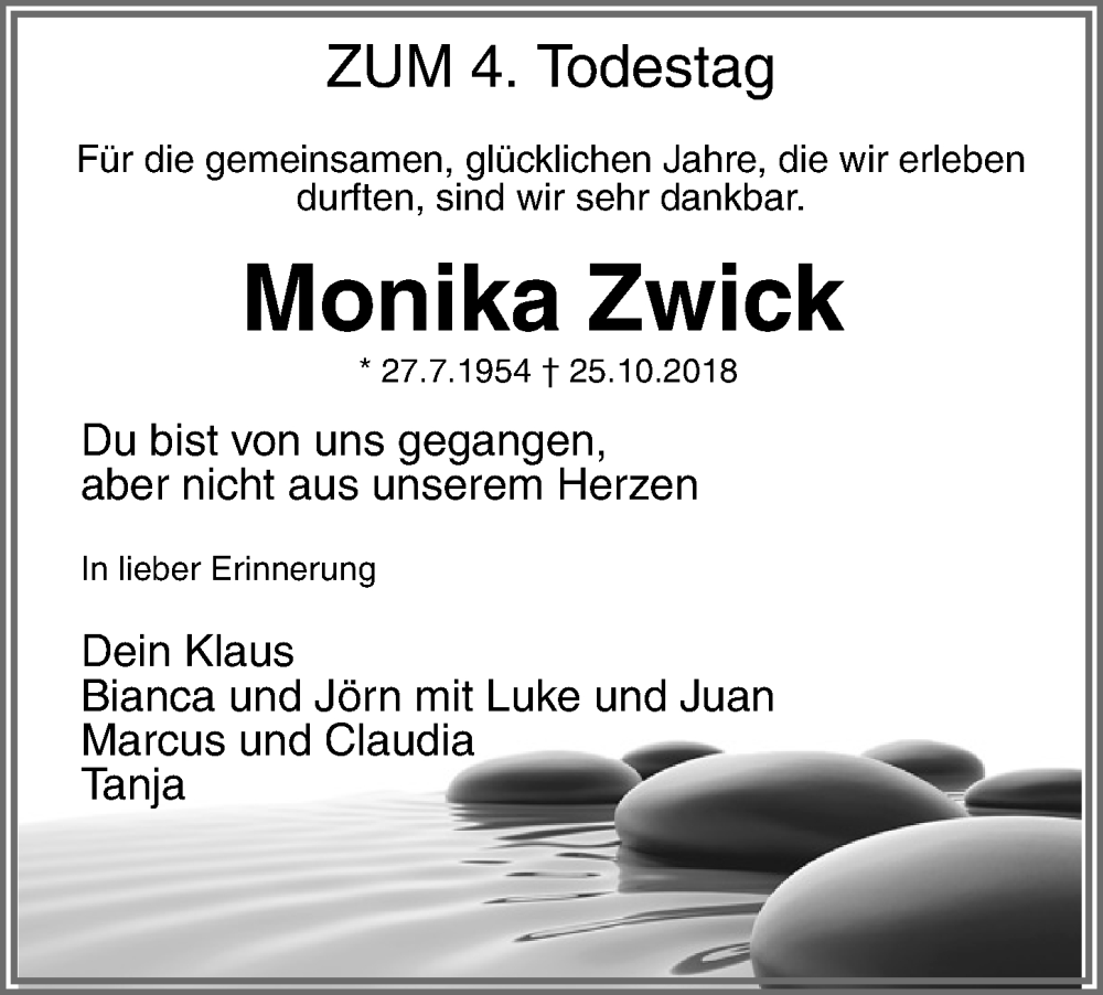  Traueranzeige für Monika Zwick vom 25.10.2022 aus Gesamtausgabe Nürnberger Nachrichten/ Nürnberger Ztg.