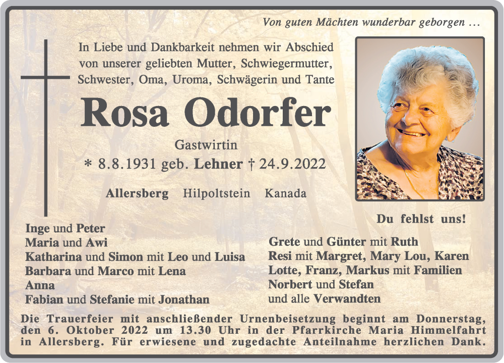  Traueranzeige für Rosa Odorfer vom 01.10.2022 aus Roth-Hilpoltsteiner Volkszeitung Lokal