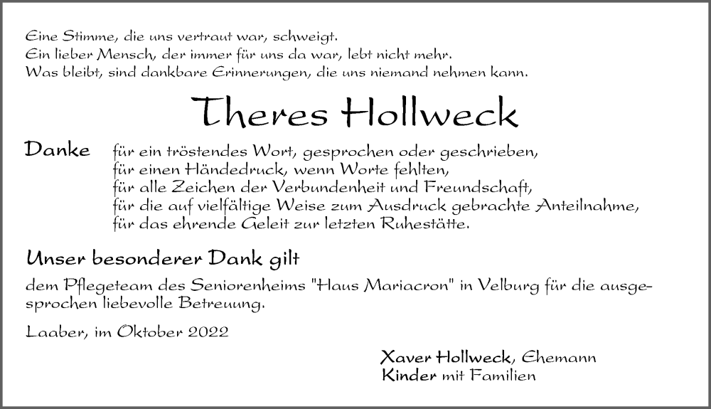  Traueranzeige für Theres Hollweck vom 08.10.2022 aus Neumarkter Nachrichten Lokal