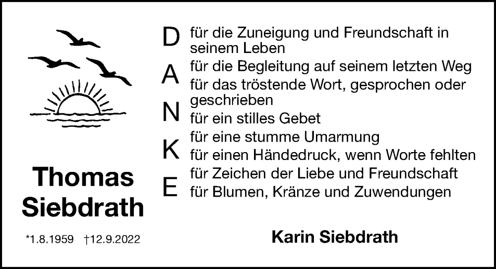  Traueranzeige für Thomas Siebdrath vom 01.10.2022 aus Gesamtausgabe Nürnberger Nachrichten/ Nürnberger Ztg.