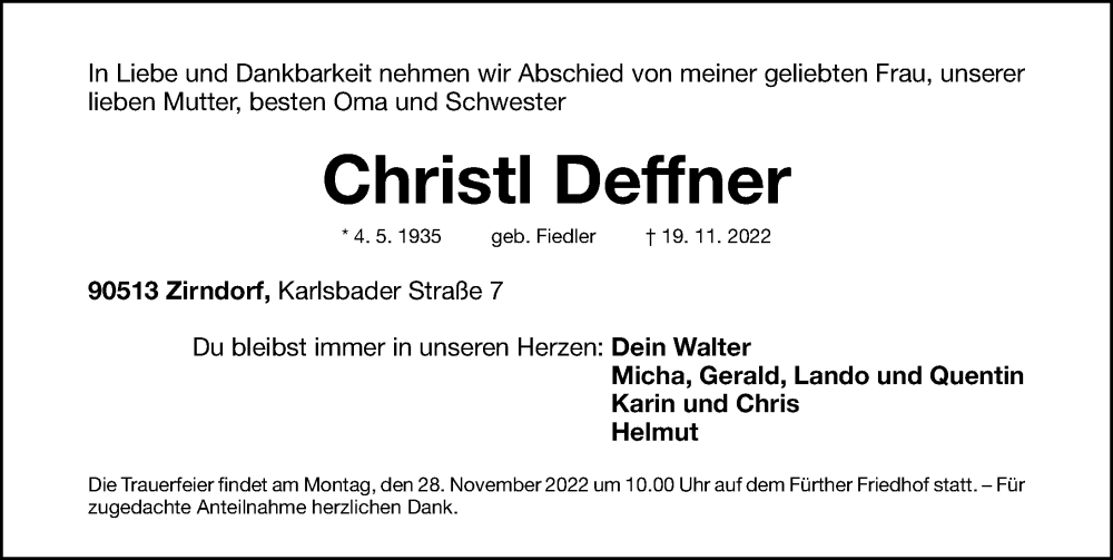  Traueranzeige für Christl Deffner vom 23.11.2022 aus Fürther Nachrichten Lokal