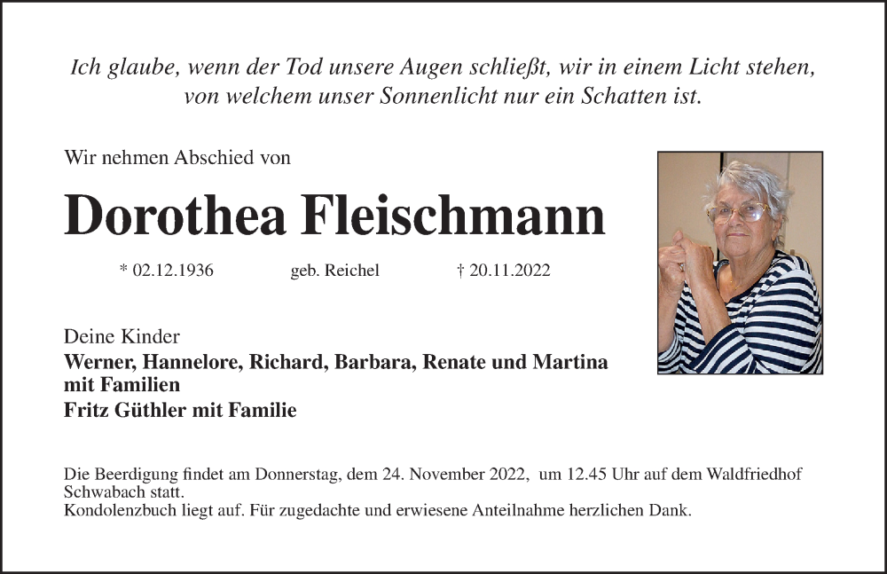  Traueranzeige für Dorothea Fleischmann vom 22.11.2022 aus Schwabacher Tagblatt Lokal