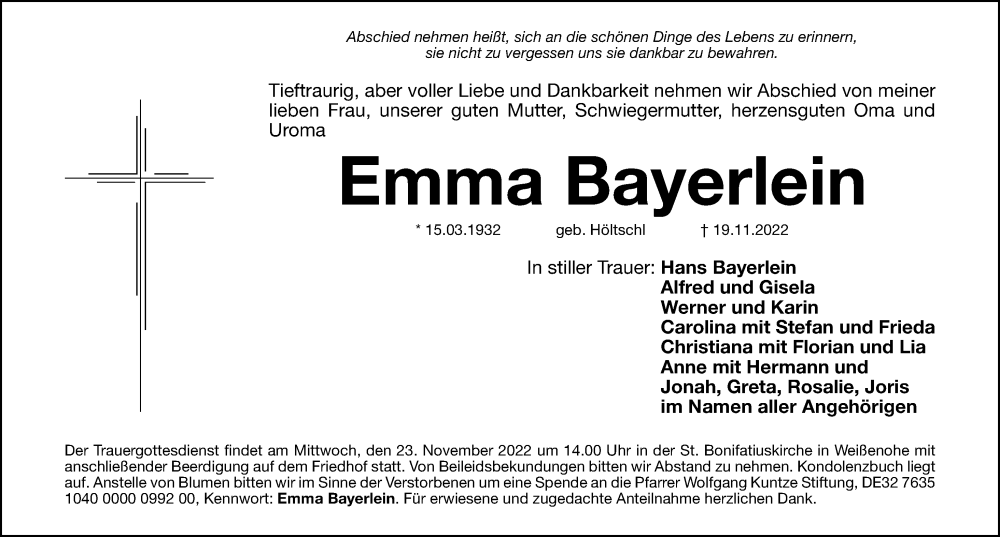  Traueranzeige für Emma Bayerlein vom 22.11.2022 aus Nordbayerische Nachrichten Forchheim Lokal
