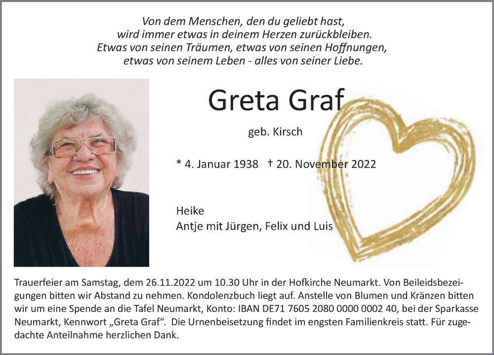  Traueranzeige für Greta Graf vom 24.11.2022 aus Neumarkter Nachrichten Lokal