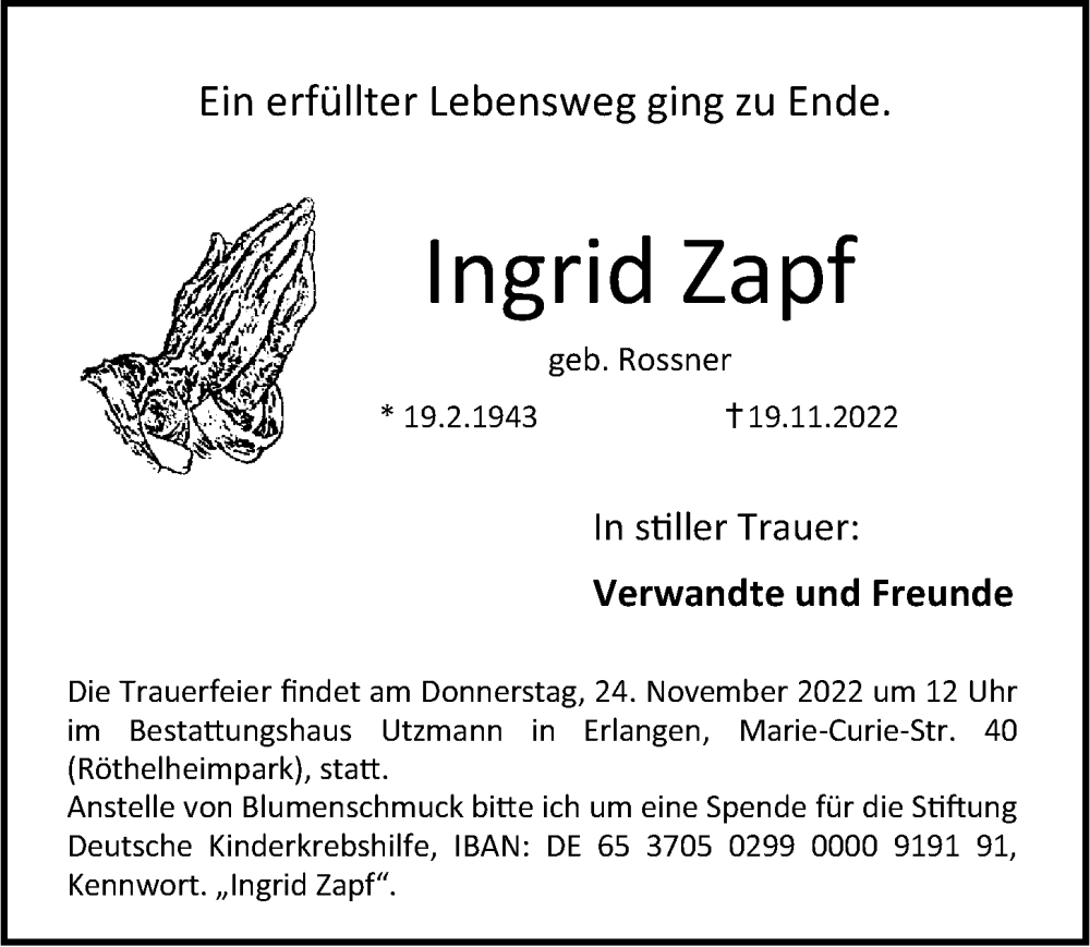  Traueranzeige für Ingrid Zapf vom 22.11.2022 aus Erlanger Nachrichten/ Fürther Nachrichten