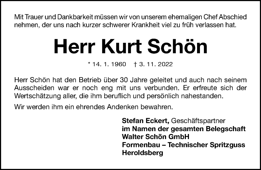 Traueranzeige für Kurt Schön vom 12.11.2022 aus Gesamtausgabe Nürnberger Nachrichten/ Nürnberger Ztg.