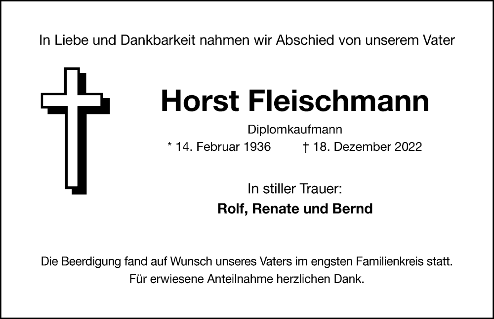  Traueranzeige für Horst Fleischmann vom 28.12.2022 aus Gesamtausgabe Nürnberger Nachrichten/ Nürnberger Ztg.