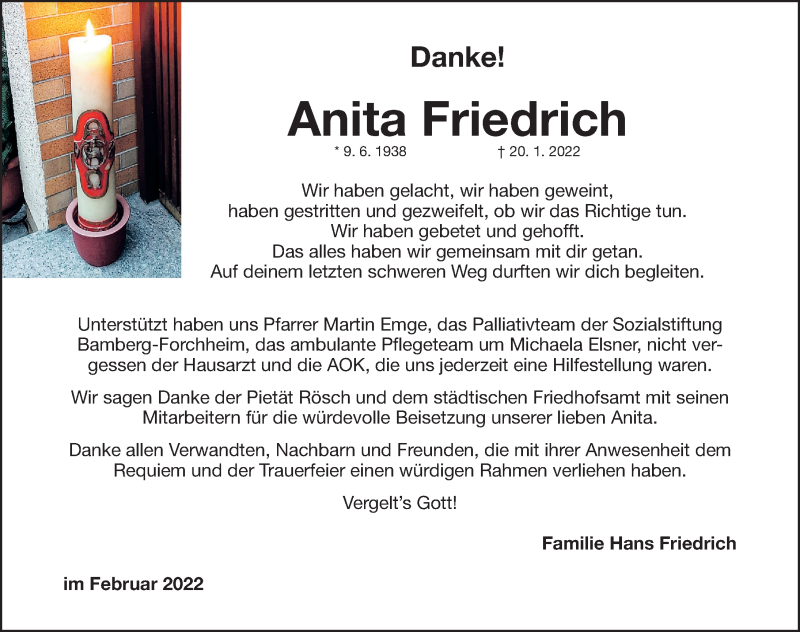  Traueranzeige für Anita Friedrich vom 05.02.2022 aus Nordbayerische Nachrichten Forchheim Lokal