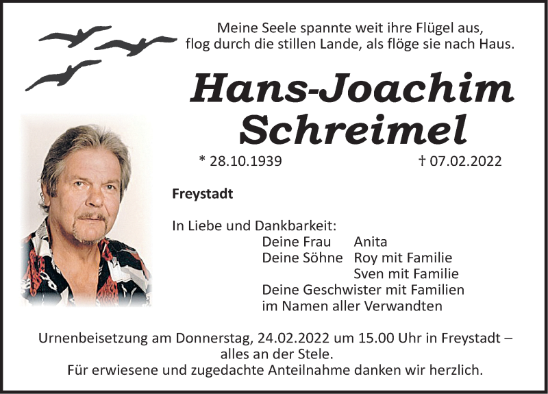  Traueranzeige für Hans-Joachim Schreimel vom 19.02.2022 aus Neumarkter Nachrichten Lokal