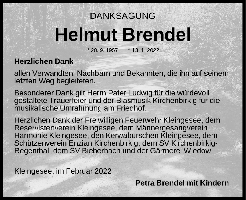  Traueranzeige für Helmut Brendel vom 19.02.2022 aus Nordbayer. Nachrichten Forchheim/ Nordbayer. Nachrichten Pegnitz