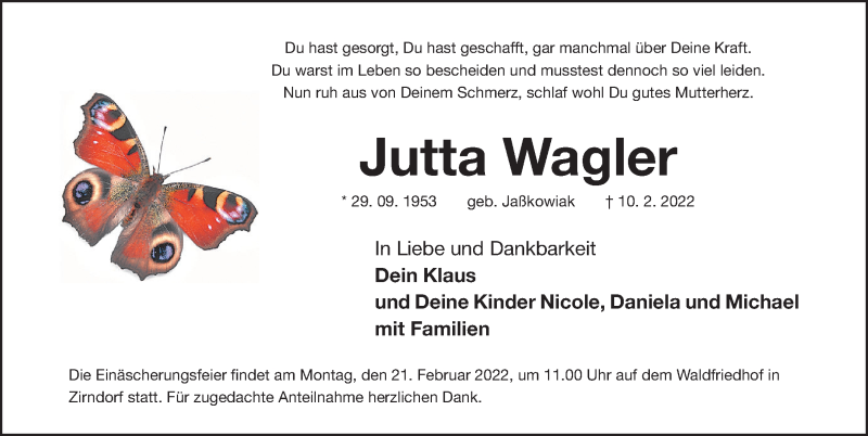  Traueranzeige für Jutta Wagler vom 18.02.2022 aus Fürther Nachrichten Lokal