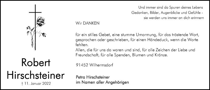  Traueranzeige für Robert Hirschsteiner vom 05.02.2022 aus Gesamtausgabe Nürnberger Nachrichten/ Nürnberger Ztg.