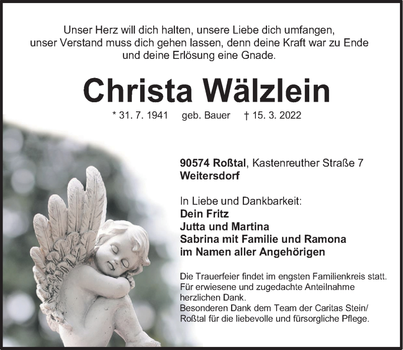  Traueranzeige für Christa Wälzlein vom 18.03.2022 aus Fürther Nachrichten Lokal