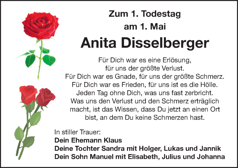 Traueranzeige für Anita Disselberger vom 30.04.2022 aus Gesamtausgabe Nürnberger Nachrichten/ Nürnberger Ztg.