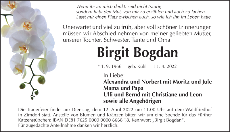  Traueranzeige für Birgit Bogdan vom 09.04.2022 aus Fürther Nachrichten Lokal