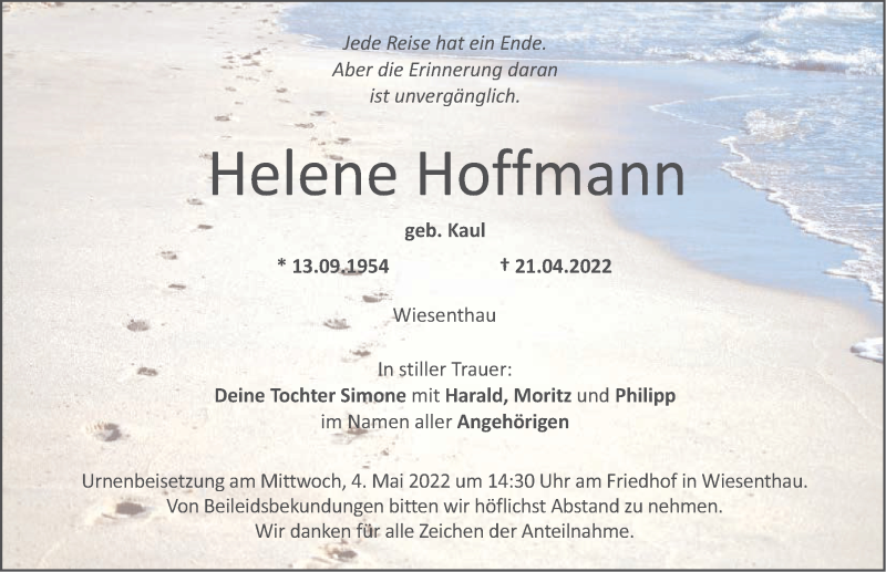  Traueranzeige für Helene Hoffmann vom 30.04.2022 aus Nordbayerische Nachrichten Forchheim Lokal
