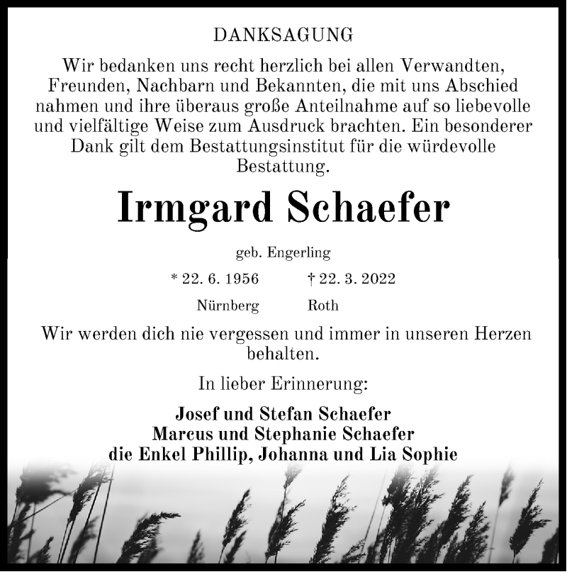  Traueranzeige für Irmgard Schaefer vom 06.04.2022 aus Gesamtausgabe Nürnberger Nachrichten/ Nürnberger Ztg.