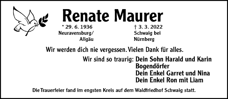  Traueranzeige für Renate Maurer vom 16.04.2022 aus Gesamtausgabe Nürnberger Nachrichten/ Nürnberger Ztg.