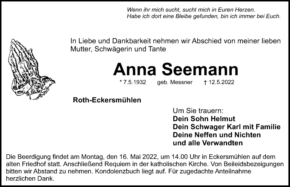  Traueranzeige für Anna Seemann vom 16.05.2022 aus Roth-Hilpoltsteiner Volkszeitung Lokal