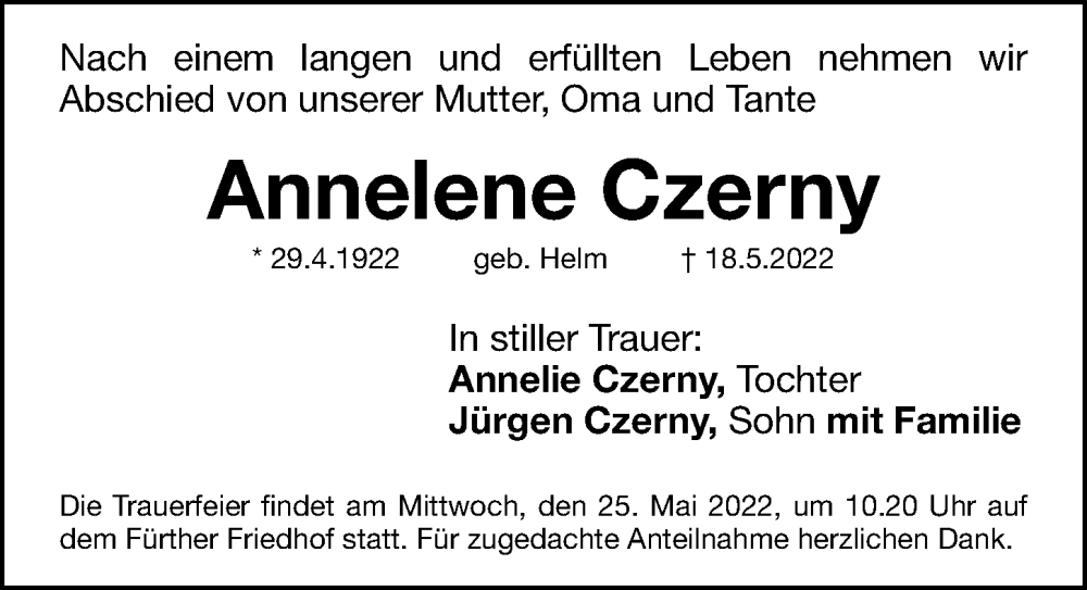  Traueranzeige für Annelene Czerny vom 21.05.2022 aus Fürther Nachrichten/ Erlanger Nachrichten