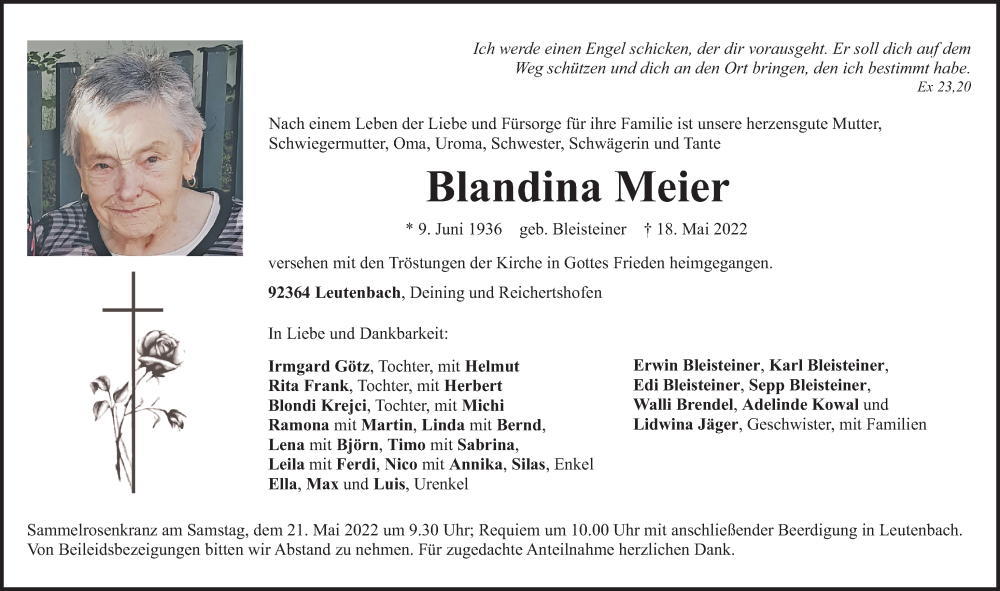  Traueranzeige für Blandina Meier vom 20.05.2022 aus Neumarkter Nachrichten Lokal