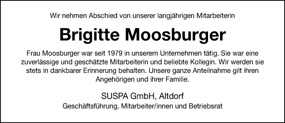  Traueranzeige für Brigitte Moosburger vom 21.05.2022 aus Neumarkter Nachrichten Lokal