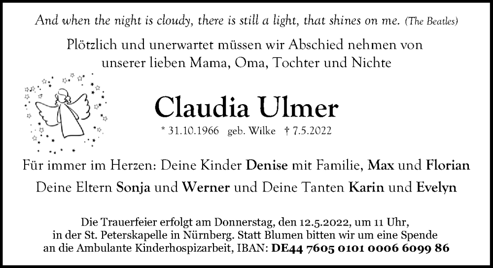 Traueranzeige für Claudia Ulmer vom 11.05.2022 aus Gesamtausgabe Nürnberger Nachrichten/ Nürnberger Ztg.