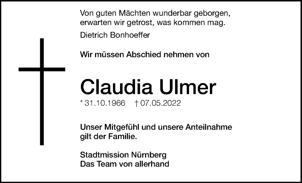  Traueranzeige für Claudia Ulmer vom 18.05.2022 aus Gesamtausgabe Nürnberger Nachrichten/ Nürnberger Ztg.
