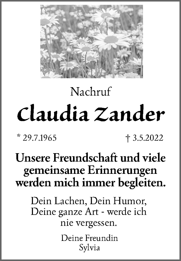  Traueranzeige für Claudia Zander vom 19.05.2022 aus Nordbayerische Nachrichten Forchheim Lokal