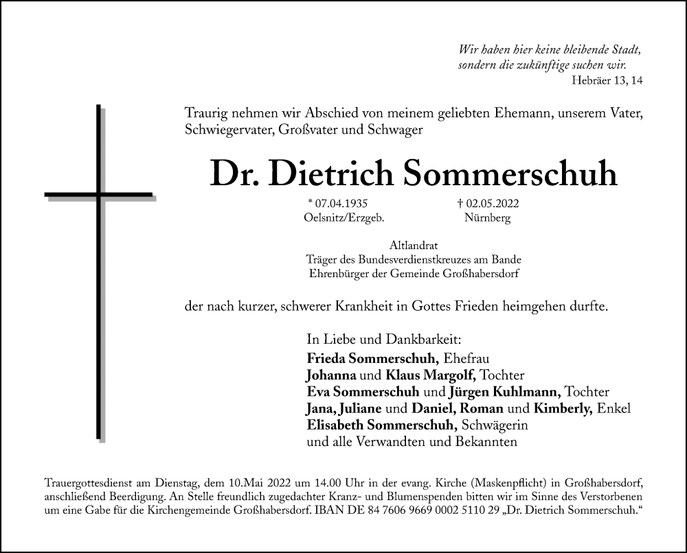  Traueranzeige für Dietrich Sommerschuh vom 07.05.2022 aus Gesamtausgabe Nürnberger Nachrichten/ Nürnberger Ztg./ Fürther Nachrichten