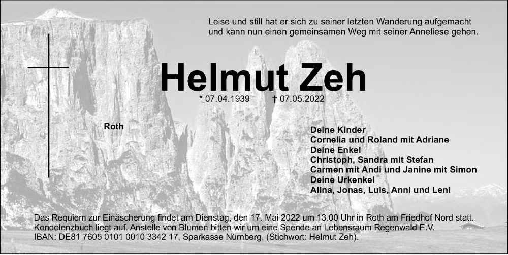  Traueranzeige für Helmut Zeh vom 14.05.2022 aus Roth-Hilpoltsteiner Volkszeitung Lokal