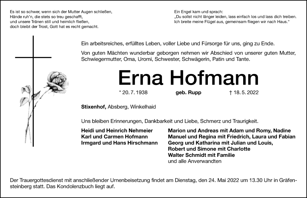  Traueranzeige für Erna Hofmann vom 21.05.2022 aus Altmühl-Bote Lokal