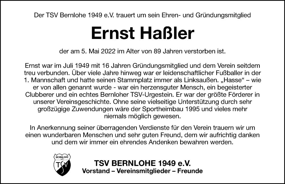  Traueranzeige für Ernst Haßler vom 14.05.2022 aus Roth-Hilpoltsteiner Volkszeitung Lokal