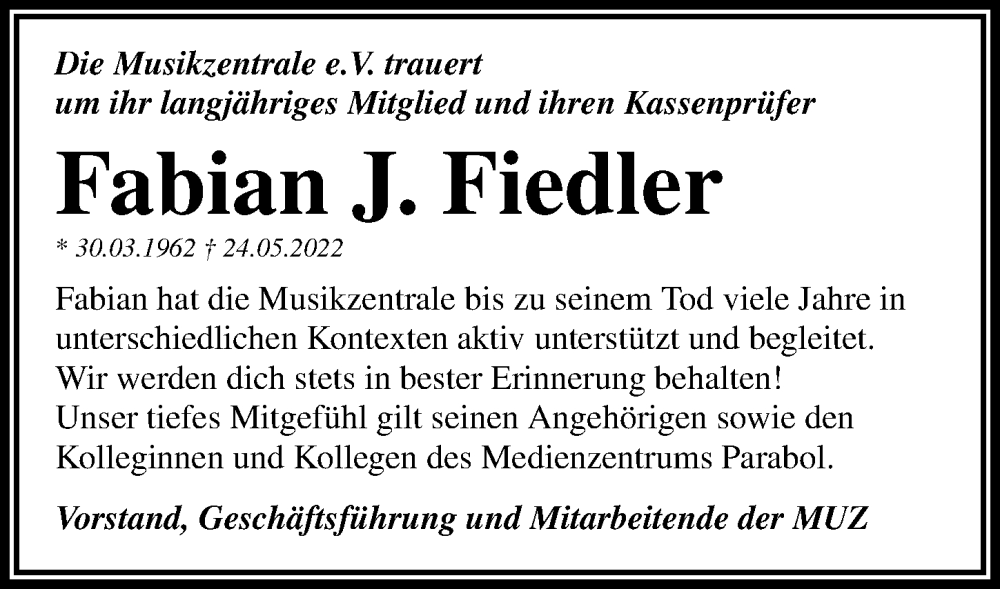  Traueranzeige für Fabian Jürgen Fiedler vom 30.05.2022 aus Gesamtausgabe Nürnberger Nachrichten/ Nürnberger Ztg.