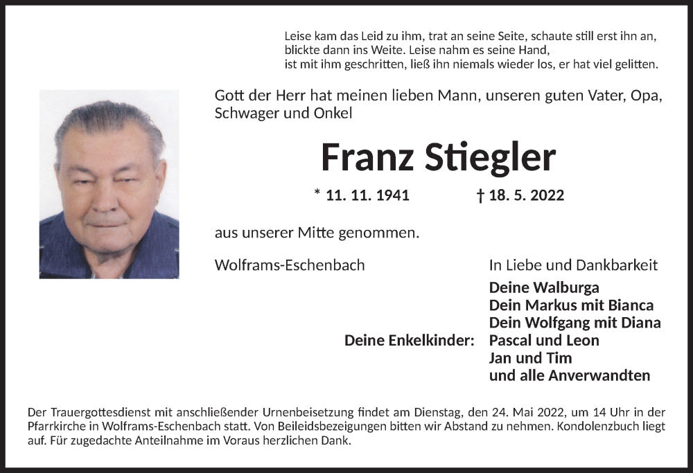  Traueranzeige für Franz Stiegler vom 21.05.2022 aus Altmühl-Bote Lokal