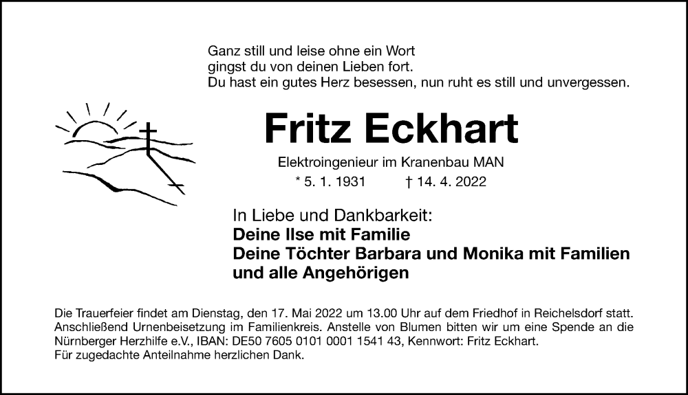  Traueranzeige für Fritz Eckhart vom 14.05.2022 aus Gesamtausgabe Nürnberger Nachrichten/ Nürnberger Ztg.