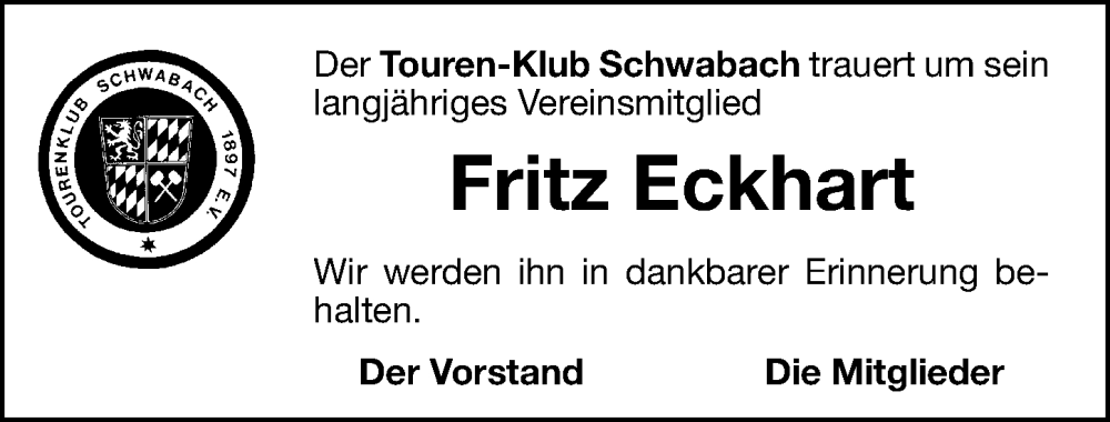  Traueranzeige für Fritz Eckhart vom 19.05.2022 aus Schwabacher Tagblatt Lokal