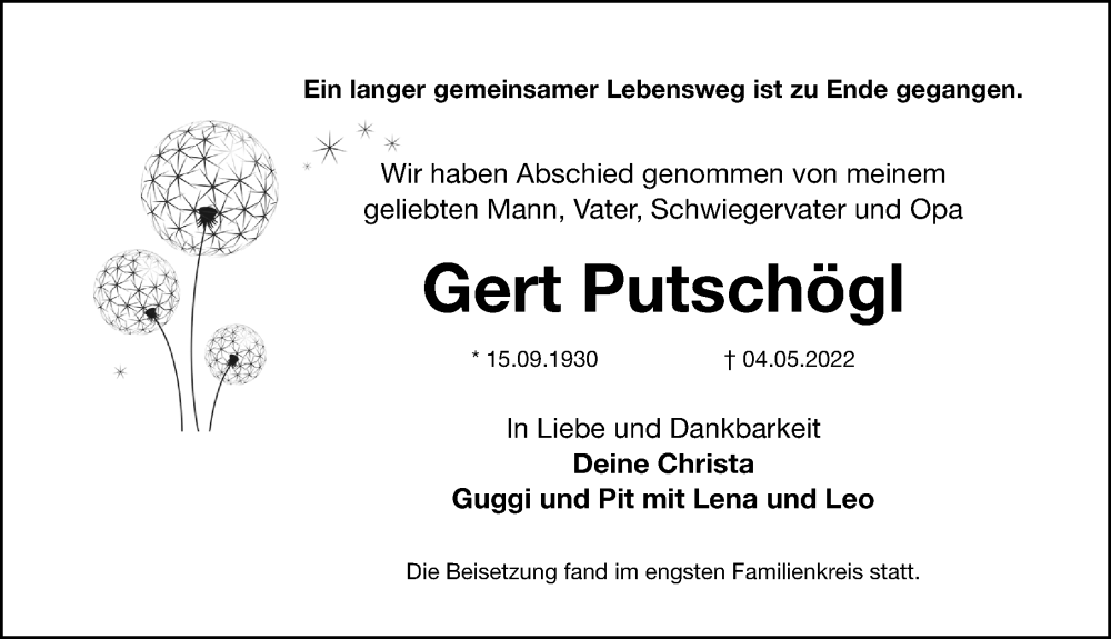  Traueranzeige für Gert Putschögl vom 21.05.2022 aus Erlanger Nachrichten Lokal