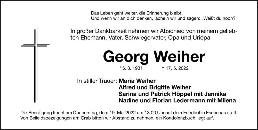 Traueranzeige für Georg Weiher vom 18.05.2022 aus Erlanger Nachrichten Lokal