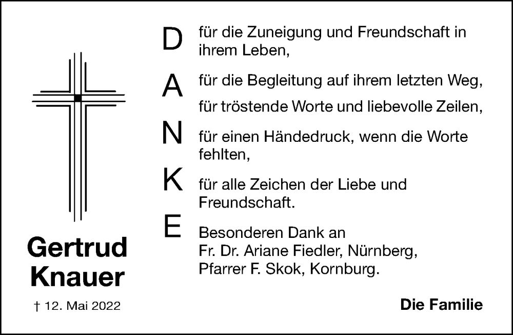  Traueranzeige für Gertrud Knauer vom 28.05.2022 aus Gesamtausgabe Nürnberger Nachrichten/ Nürnberger Ztg.
