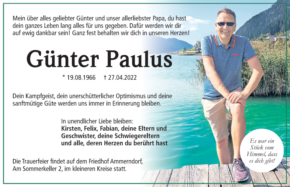  Traueranzeige für Günter Paulus vom 06.05.2022 aus Fürther Nachrichten Lokal