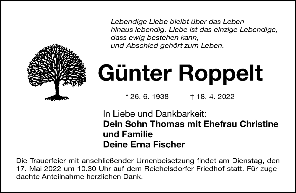  Traueranzeige für Günter Roppelt vom 14.05.2022 aus Gesamtausgabe Nürnberger Nachrichten/ Nürnberger Ztg.