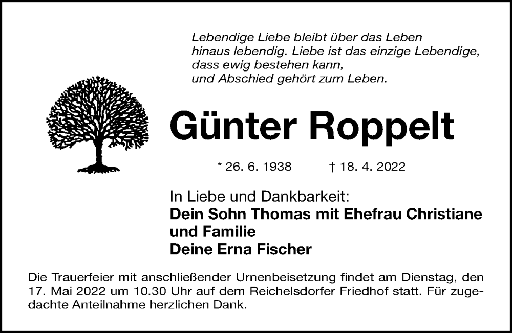  Traueranzeige für Günter Roppelt vom 16.05.2022 aus Gesamtausgabe Nürnberger Nachrichten/ Nürnberger Ztg.