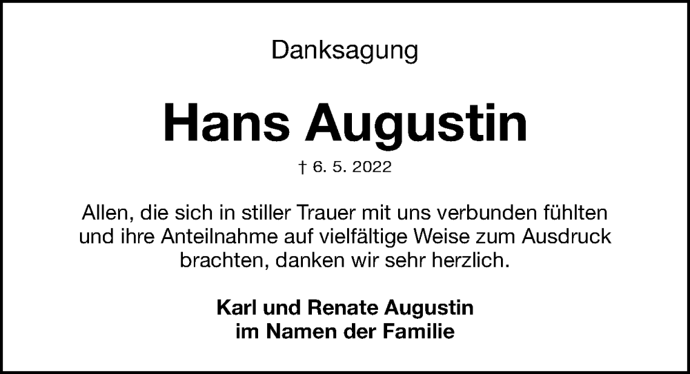  Traueranzeige für Hans Augustin vom 16.05.2022 aus Fürther Nachrichten Lokal
